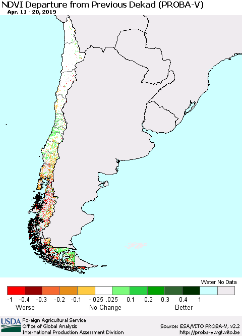 Chile NDVI Departure from Previous Dekad (PROBA-V) Thematic Map For 4/11/2019 - 4/20/2019