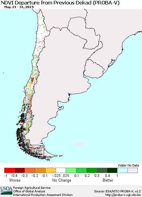 Chile NDVI Departure from Previous Dekad (PROBA-V) Thematic Map For 5/21/2019 - 5/31/2019