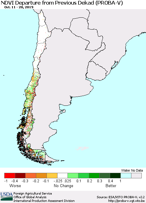 Chile NDVI Departure from Previous Dekad (PROBA-V) Thematic Map For 10/11/2019 - 10/20/2019