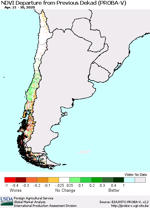 Chile NDVI Departure from Previous Dekad (PROBA-V) Thematic Map For 4/21/2020 - 4/30/2020