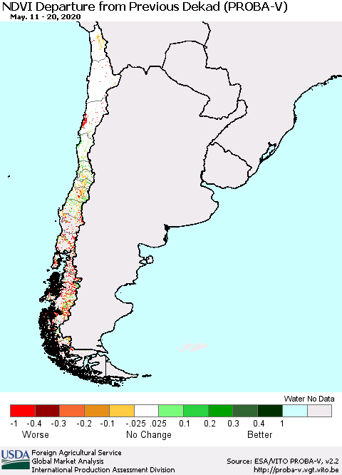 Chile NDVI Departure from Previous Dekad (PROBA-V) Thematic Map For 5/11/2020 - 5/20/2020