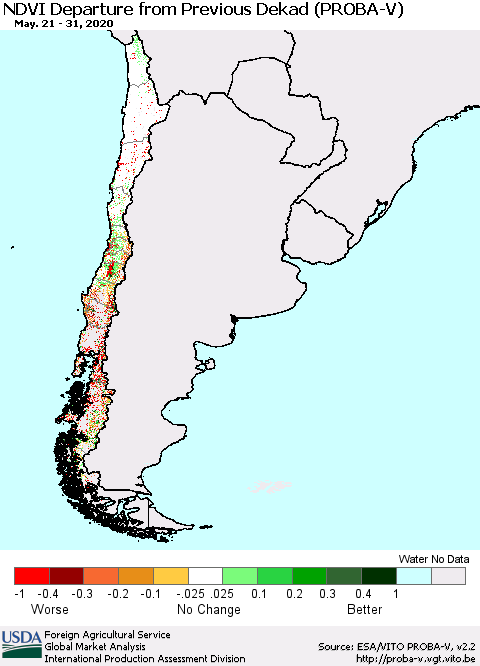 Chile NDVI Departure from Previous Dekad (PROBA-V) Thematic Map For 5/21/2020 - 5/31/2020