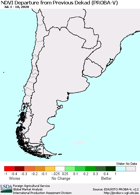 Chile NDVI Departure from Previous Dekad (PROBA-V) Thematic Map For 7/1/2020 - 7/10/2020