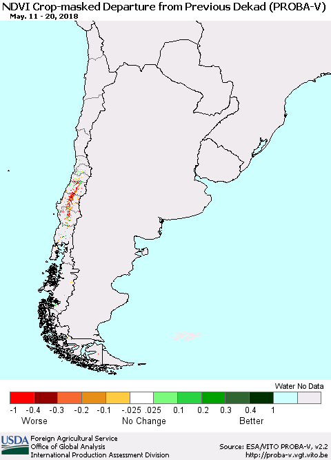 Chile NDVI Crop-masked Departure from Previous Dekad (PROBA-V) Thematic Map For 5/11/2018 - 5/20/2018