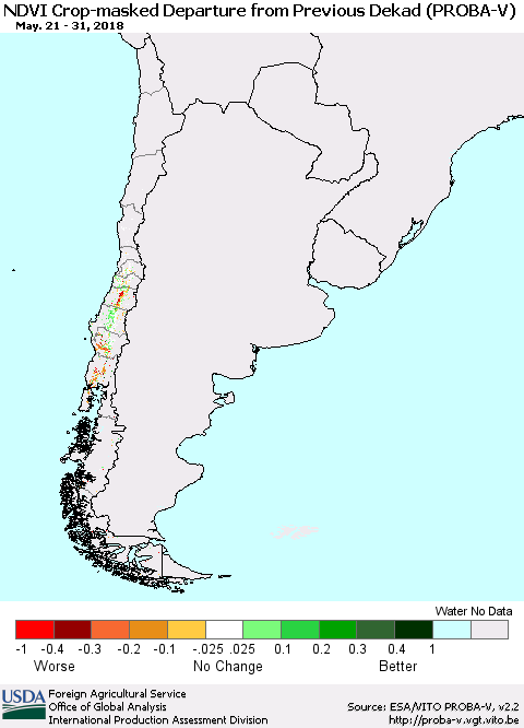 Chile NDVI Crop-masked Departure from Previous Dekad (PROBA-V) Thematic Map For 5/21/2018 - 5/31/2018