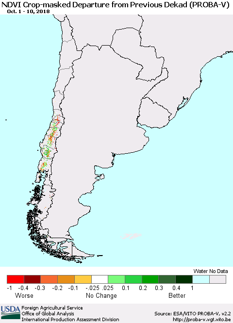 Chile NDVI Crop-masked Departure from Previous Dekad (PROBA-V) Thematic Map For 10/1/2018 - 10/10/2018
