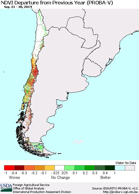 Chile NDVI Departure from Previous Year (PROBA-V) Thematic Map For 9/21/2019 - 9/30/2019