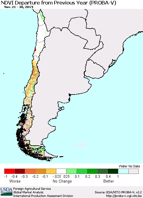 Chile NDVI Departure from Previous Year (PROBA-V) Thematic Map For 11/21/2019 - 11/30/2019