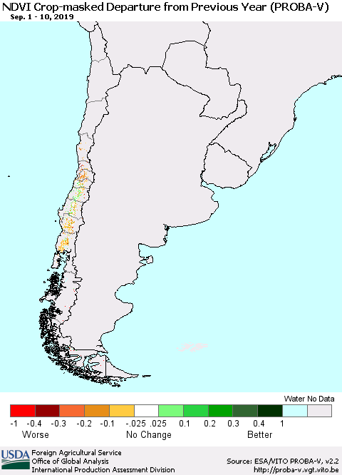 Chile NDVI Crop-masked Departure from Previous Year (PROBA-V) Thematic Map For 9/1/2019 - 9/10/2019