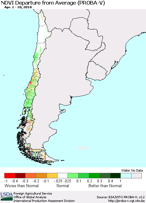 Chile NDVI Departure from Average (PROBA-V) Thematic Map For 4/1/2018 - 4/10/2018