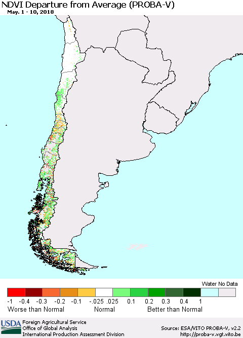Chile NDVI Departure from Average (PROBA-V) Thematic Map For 5/1/2018 - 5/10/2018
