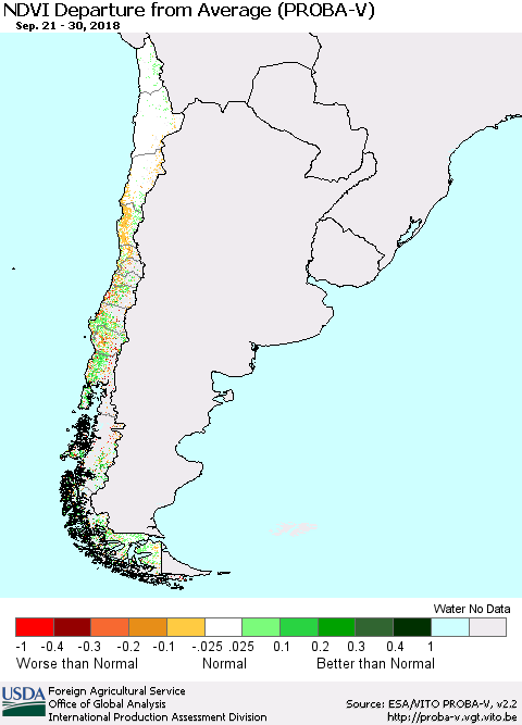 Chile NDVI Departure from Average (PROBA-V) Thematic Map For 9/21/2018 - 9/30/2018