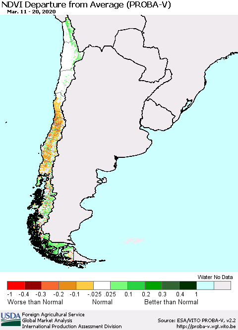 Chile NDVI Departure from Average (PROBA-V) Thematic Map For 3/11/2020 - 3/20/2020