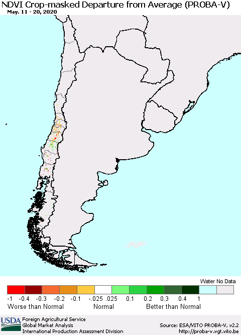 Chile NDVI Crop-masked Departure from Average (PROBA-V) Thematic Map For 5/11/2020 - 5/20/2020