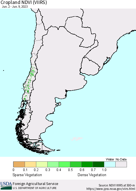 Chile Cropland NDVI (VIIRS) Thematic Map For 6/1/2023 - 6/10/2023