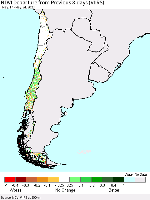 Chile NDVI Departure from Previous 8-days (VIIRS) Thematic Map For 5/17/2023 - 5/24/2023