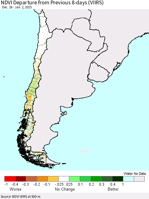 Chile NDVI Departure from Previous 8-days (VIIRS) Thematic Map For 12/26/2024 - 1/2/2025