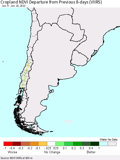 Chile Cropland NDVI Departure from Previous 8-days (VIIRS) Thematic Map For 1/9/2022 - 1/16/2022