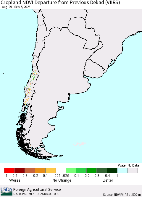 Chile Cropland NDVI Departure from Previous Dekad (VIIRS) Thematic Map For 9/1/2023 - 9/10/2023