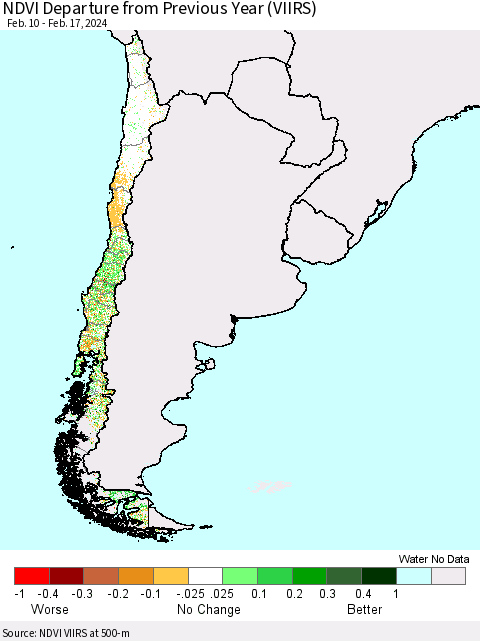 Chile NDVI Departure from Previous Year (VIIRS) Thematic Map For 2/10/2024 - 2/17/2024