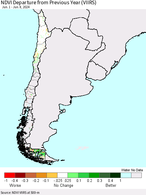 Chile NDVI Departure from Previous Year (VIIRS) Thematic Map For 6/1/2024 - 6/8/2024