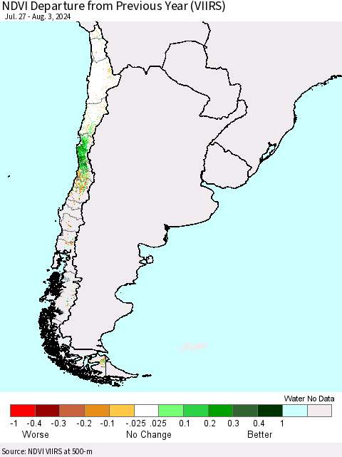 Chile NDVI Departure from Previous Year (VIIRS) Thematic Map For 7/27/2024 - 8/3/2024