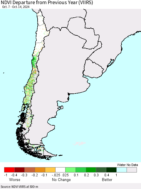 Chile NDVI Departure from Previous Year (VIIRS) Thematic Map For 10/7/2024 - 10/14/2024