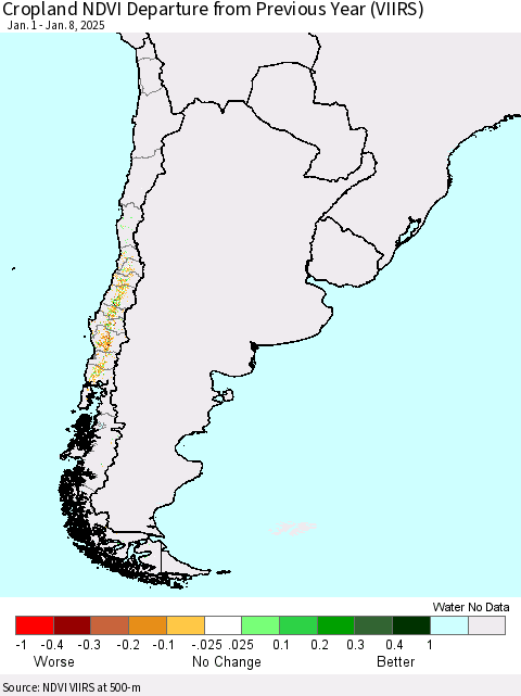 Chile Cropland NDVI Departure from Previous Year (VIIRS) Thematic Map For 1/1/2025 - 1/8/2025