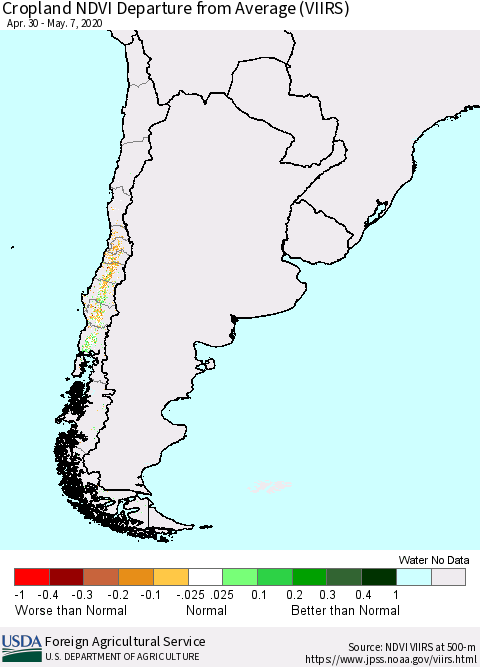 Chile Cropland NDVI Departure from Average (VIIRS) Thematic Map For 5/1/2020 - 5/10/2020