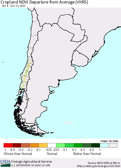 Chile Cropland NDVI Departure from Average (VIIRS) Thematic Map For 10/11/2022 - 10/20/2022