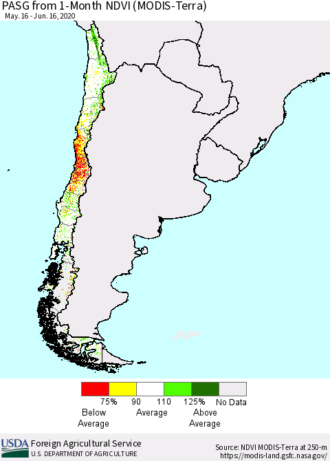 Chile PASG from 1-Month NDVI (Terra-MODIS) Thematic Map For 6/11/2020 - 6/20/2020