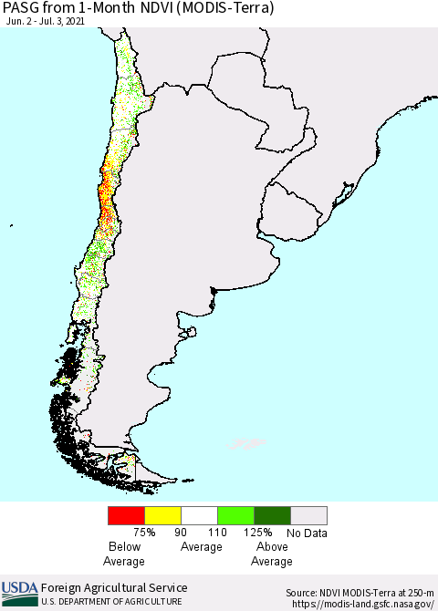 Chile PASG from 1-Month NDVI (Terra-MODIS) Thematic Map For 7/1/2021 - 7/10/2021