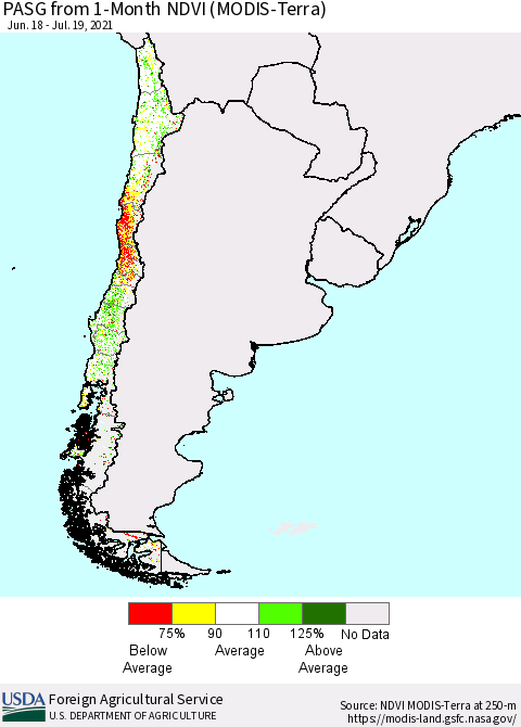 Chile PASG from 1-Month NDVI (Terra-MODIS) Thematic Map For 7/11/2021 - 7/20/2021