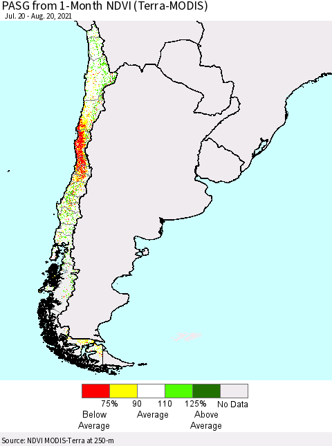 Chile PASG from 1-Month NDVI (Terra-MODIS) Thematic Map For 8/11/2021 - 8/20/2021