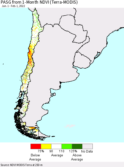 Chile PASG from 1-Month NDVI (Terra-MODIS) Thematic Map For 1/25/2022 - 2/1/2022