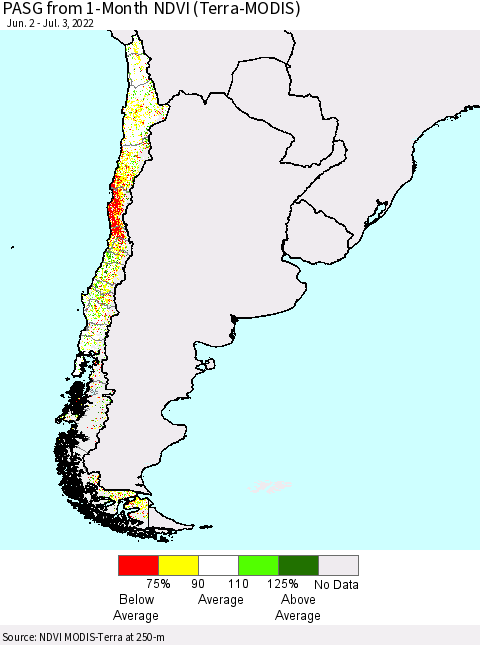 Chile PASG from 1-Month NDVI (Terra-MODIS) Thematic Map For 6/26/2022 - 7/3/2022