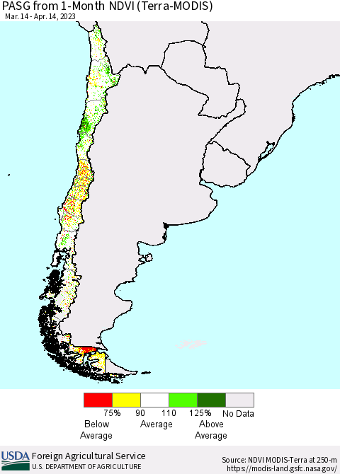 Chile PASG from 1-Month NDVI (Terra-MODIS) Thematic Map For 4/11/2023 - 4/20/2023