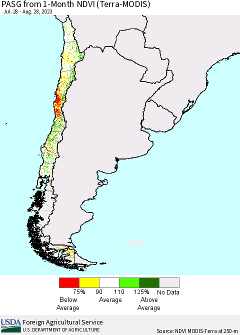 Chile PASG from 1-Month NDVI (Terra-MODIS) Thematic Map For 8/21/2023 - 8/31/2023