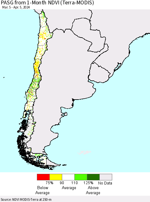 Chile PASG from 1-Month NDVI (Terra-MODIS) Thematic Map For 3/29/2024 - 4/5/2024