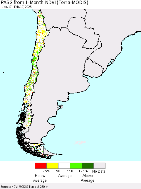 Chile PASG from 1-Month NDVI (Terra-MODIS) Thematic Map For 2/10/2025 - 2/17/2025