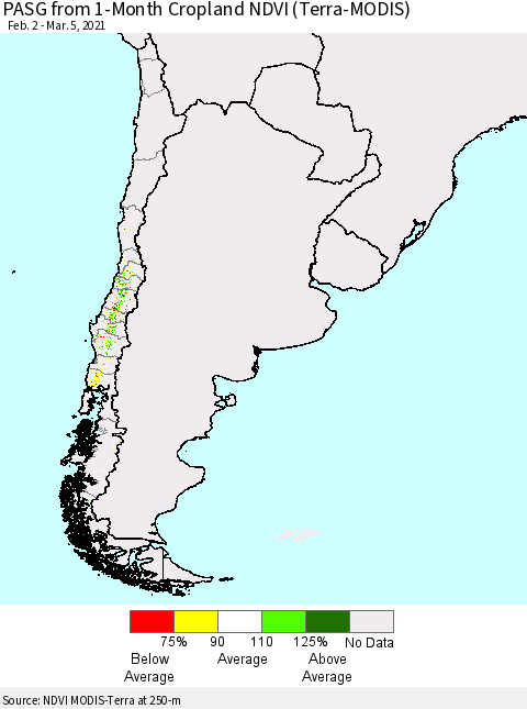 Chile PASG from 1-Month Cropland NDVI (Terra-MODIS) Thematic Map For 2/26/2021 - 3/5/2021