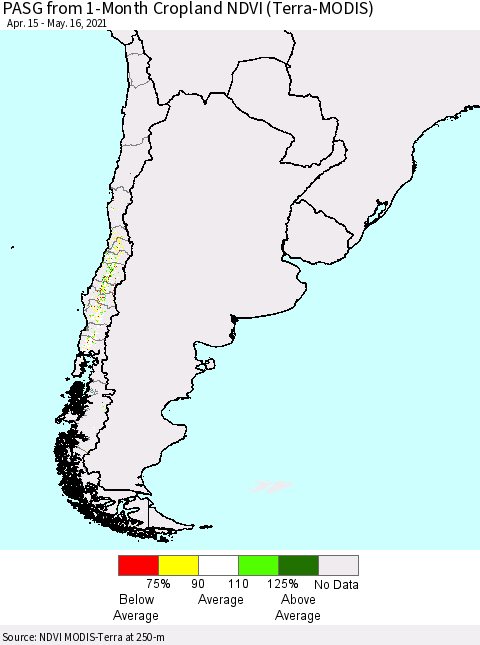 Chile PASG from 1-Month Cropland NDVI (Terra-MODIS) Thematic Map For 5/9/2021 - 5/16/2021
