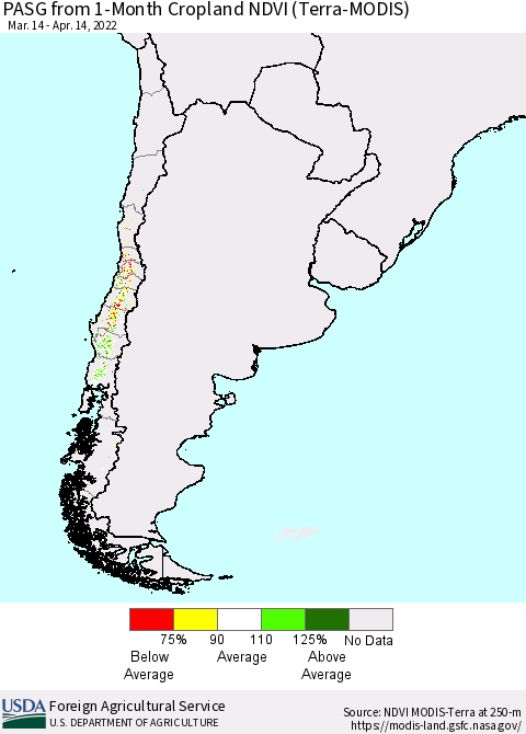 Chile PASG from 1-Month Cropland NDVI (Terra-MODIS) Thematic Map For 4/11/2022 - 4/20/2022