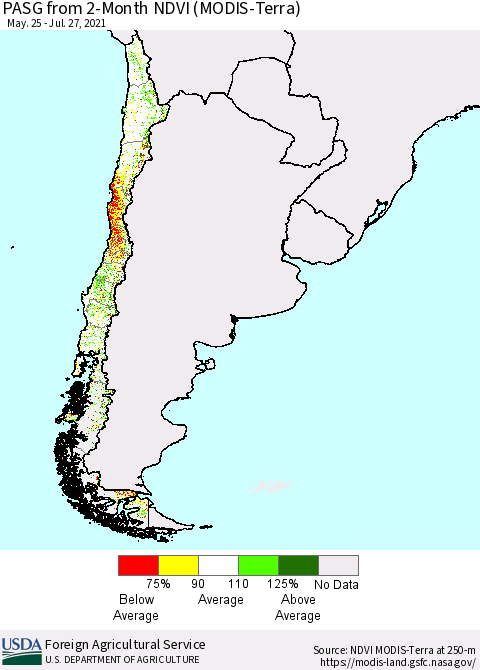 Chile PASG from 2-Month NDVI (Terra-MODIS) Thematic Map For 7/21/2021 - 7/31/2021