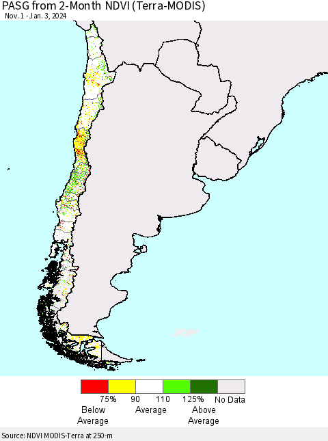 Chile PASG from 2-Month NDVI (Terra-MODIS) Thematic Map For 12/27/2023 - 1/3/2024