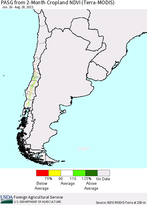 Chile PASG from 2-Month Cropland NDVI (Terra-MODIS) Thematic Map For 8/21/2023 - 8/31/2023
