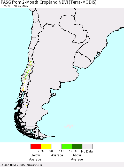 Chile PASG from 2-Month Cropland NDVI (Terra-MODIS) Thematic Map For 2/18/2025 - 2/25/2025