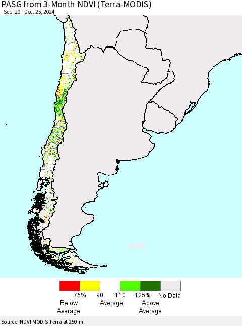 Chile PASG from 3-Month NDVI (Terra-MODIS) Thematic Map For 12/18/2024 - 12/25/2024