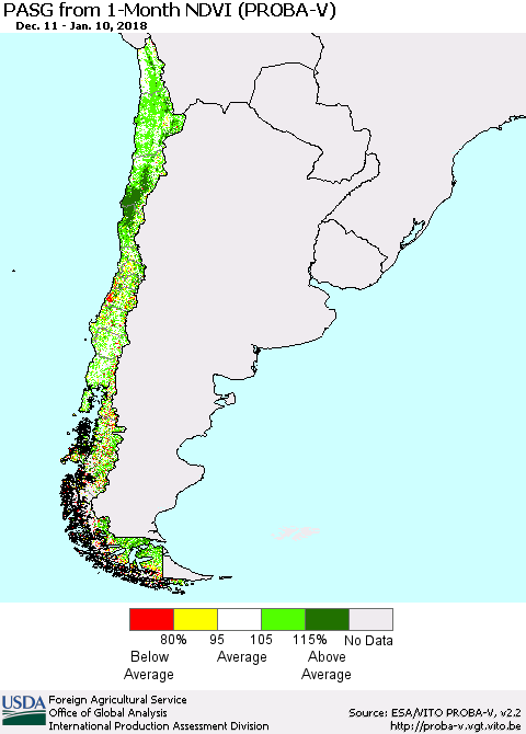 Chile PASG from 1-Month NDVI (PROBA-V) Thematic Map For 1/1/2018 - 1/10/2018