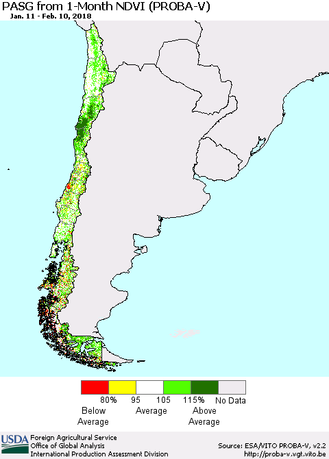 Chile PASG from 1-Month NDVI (PROBA-V) Thematic Map For 2/1/2018 - 2/10/2018